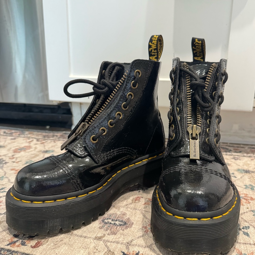 Dr. Martens Black Patent Leather Platform Lace-Up Zip Boots